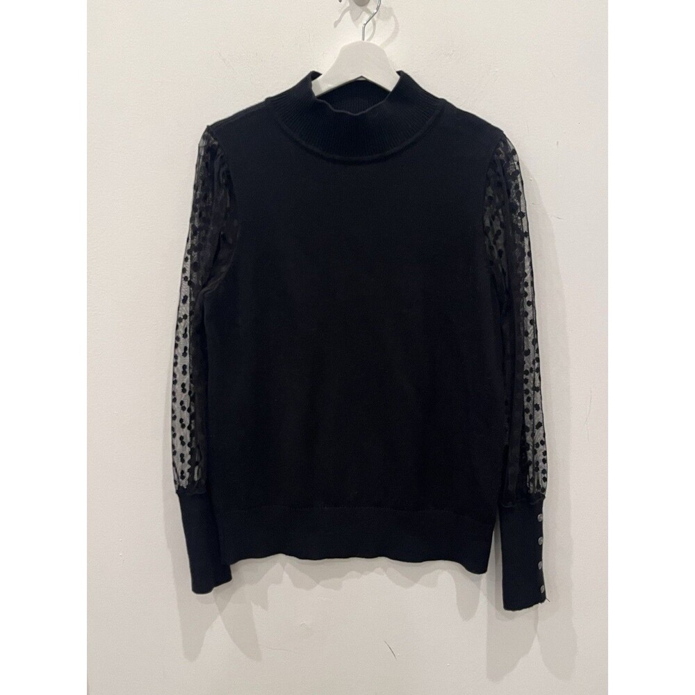 Talbots Black Tulle Dot Sleeve Mock Neck  Sweater Women’s Sz M Sheer Romantic